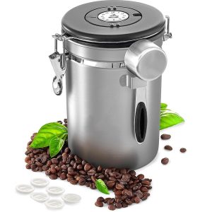 Stainless Steel Airtight Coffee Container Canister Coffee Grounds and Beans Container with Date Tracker, Scoop, CO2 Valve Filters, Silver